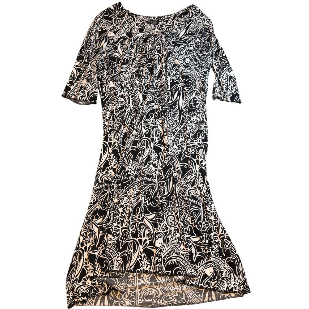 Alfani‎ Womens XL Black White Paisley Midi Dress Elbow Sleeve Tie Back High Low